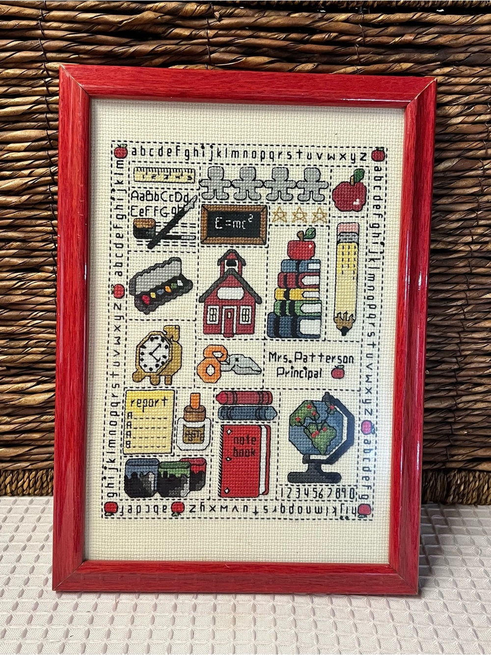 Schoolhouse & Teacher Themed Framed Cross-Stitch Sampler